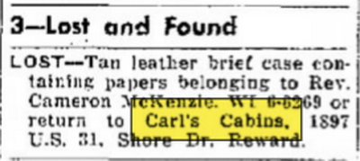 Carls Place (Carls Cabins) - Aug 05 1959 Article